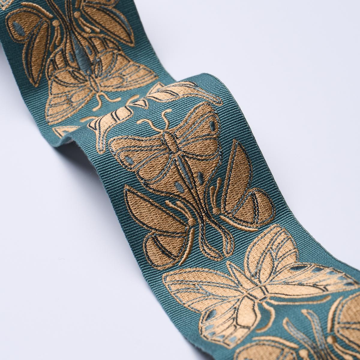 Schumacher Metamorphosis Tape Teal & Gold Trim