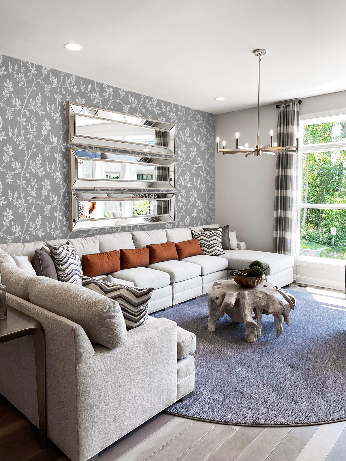 Seabrook Leaf Trail Metallic Silver & Glass Beads Wallpaper