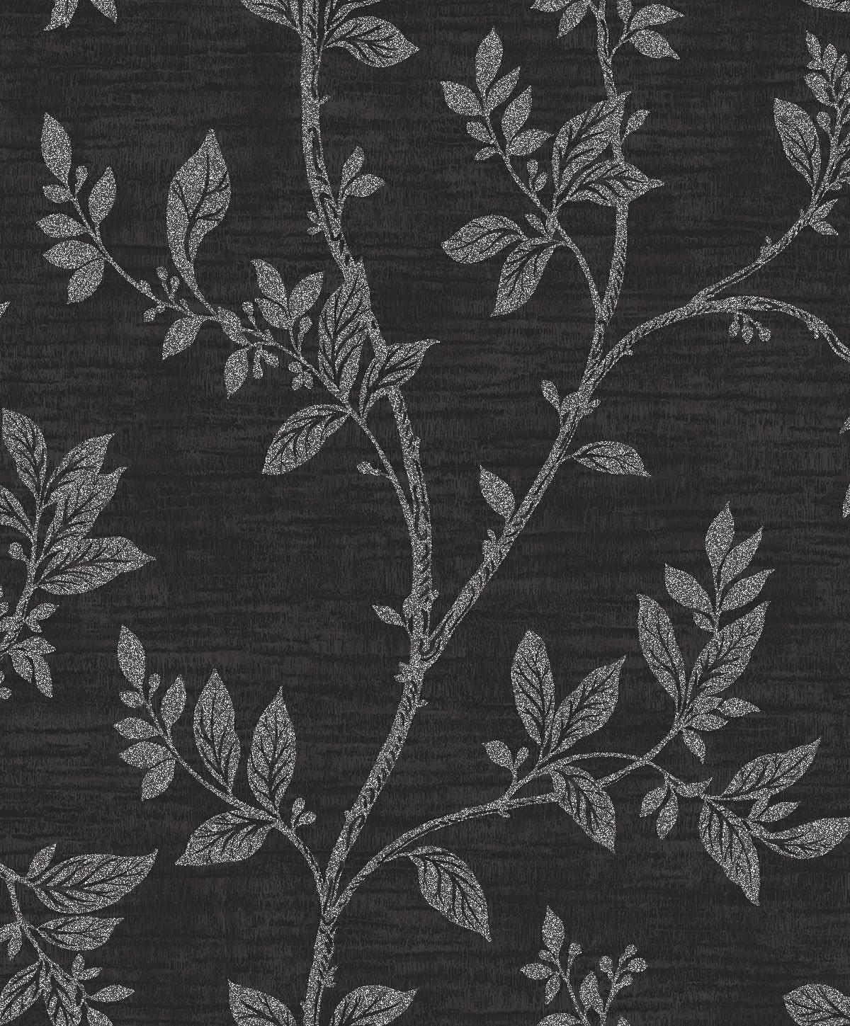 Seabrook Leaf Trail Metallic Ebony & Glass Beads Wallpaper