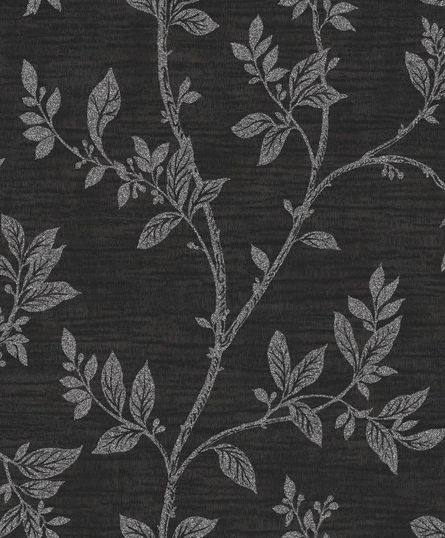 Seabrook Leaf Trail Metallic Ebony & Glass Beads Wallpaper