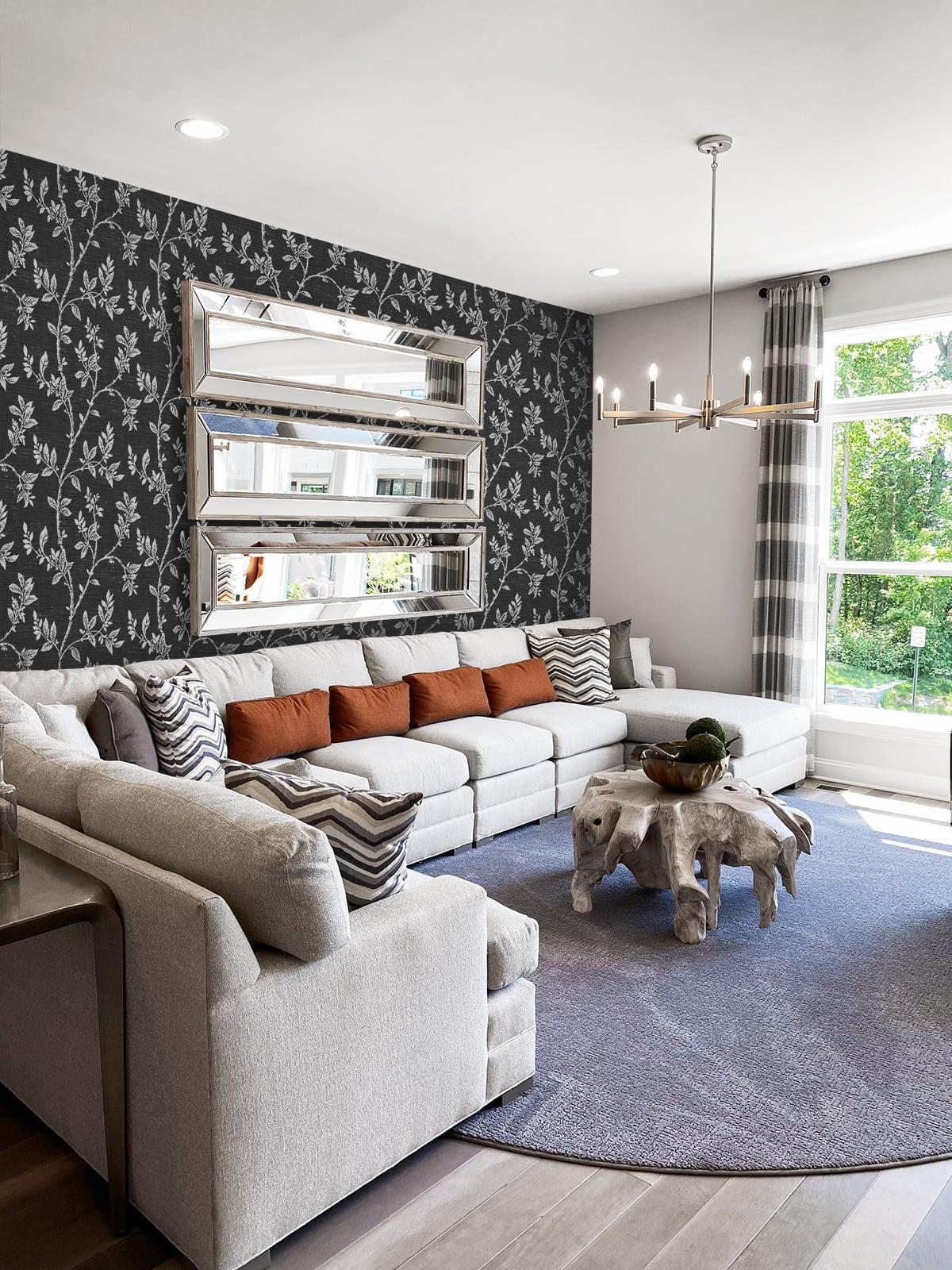 Seabrook Leaf Trail Metallic Ebony & Glass Beads Wallpaper