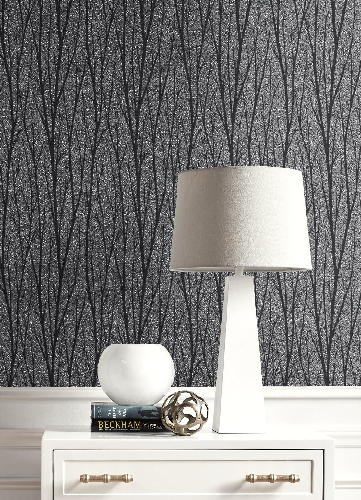 Seabrook Birch Trail Black Satin & Silver Glitter Wallpaper