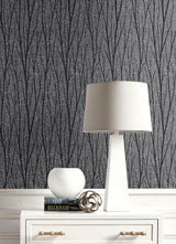 Seabrook Birch Trail Black Satin & Silver Glitter Wallpaper