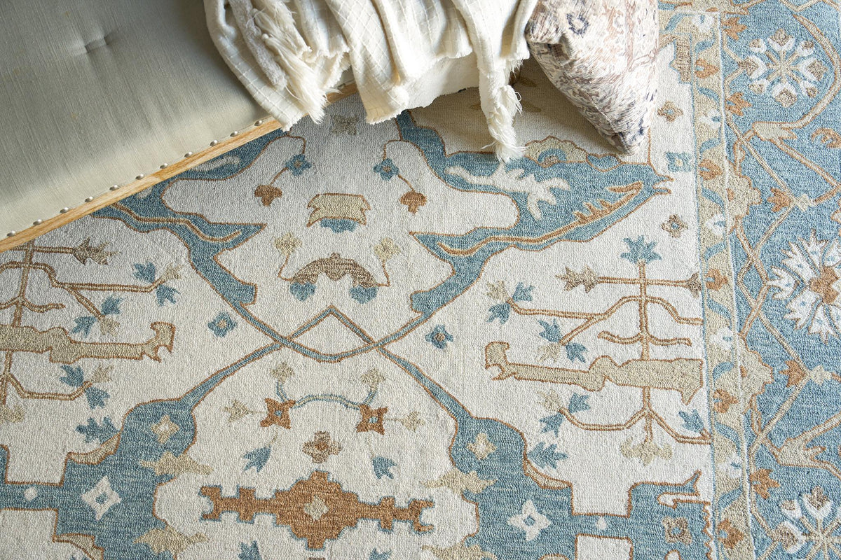 Exquisite Rugs Claremont Oushak Handmade Hand-tufted New Zealand Wool on Canvas 6794 Ivory/Light Blue 5' x 8' Area Rug