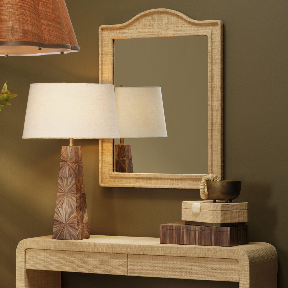Jamie Young Palm Marquetry Table Lamp with Linen Shade