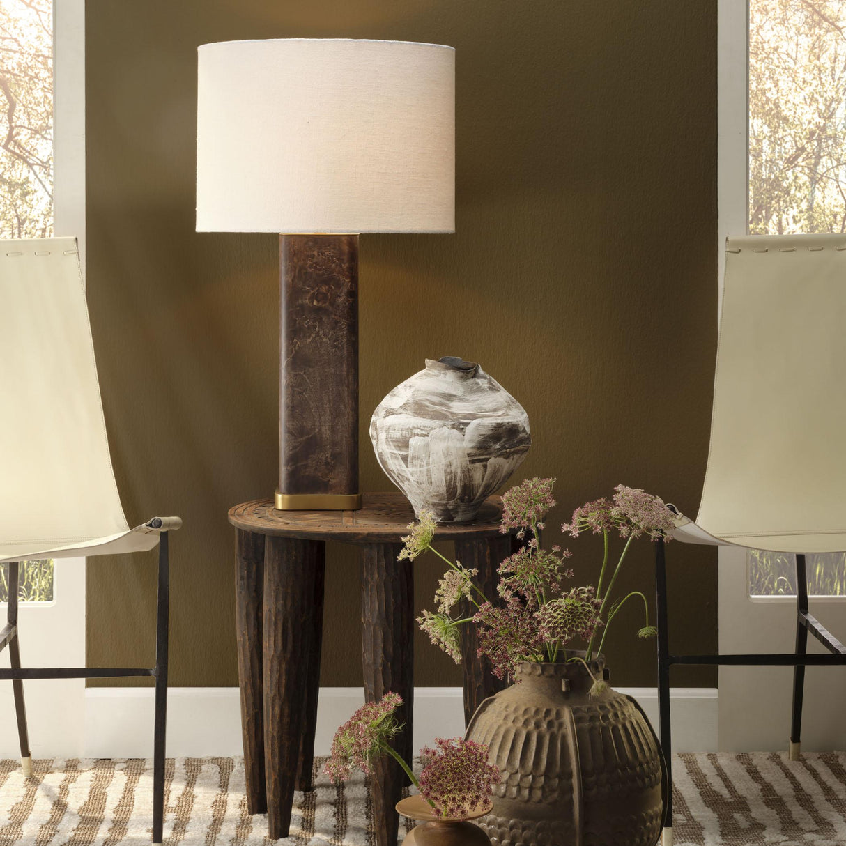 Jamie Young Preston Burl Wood Table Lamp with Linen Shade