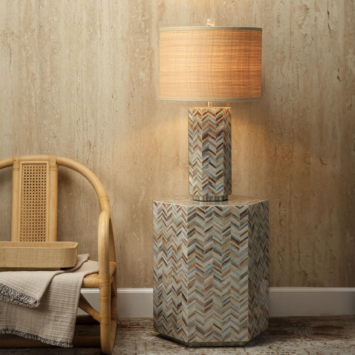 Jamie Young Lucille Mother of Pearl Table Lamp with Raffia Shade