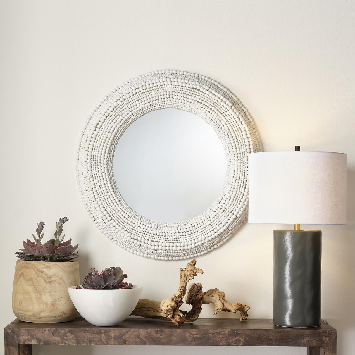 Jamie Young Strand Wood Beaded Round Wall Mirror, White