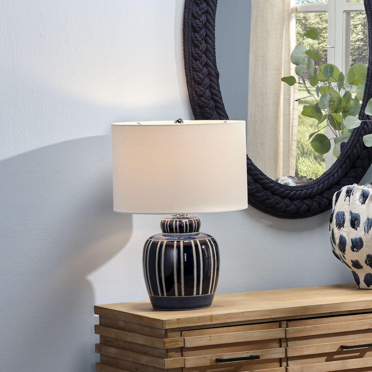 Jamie Young Arthur Ceramic Table Lamp with Linen Shade, Navy Blue