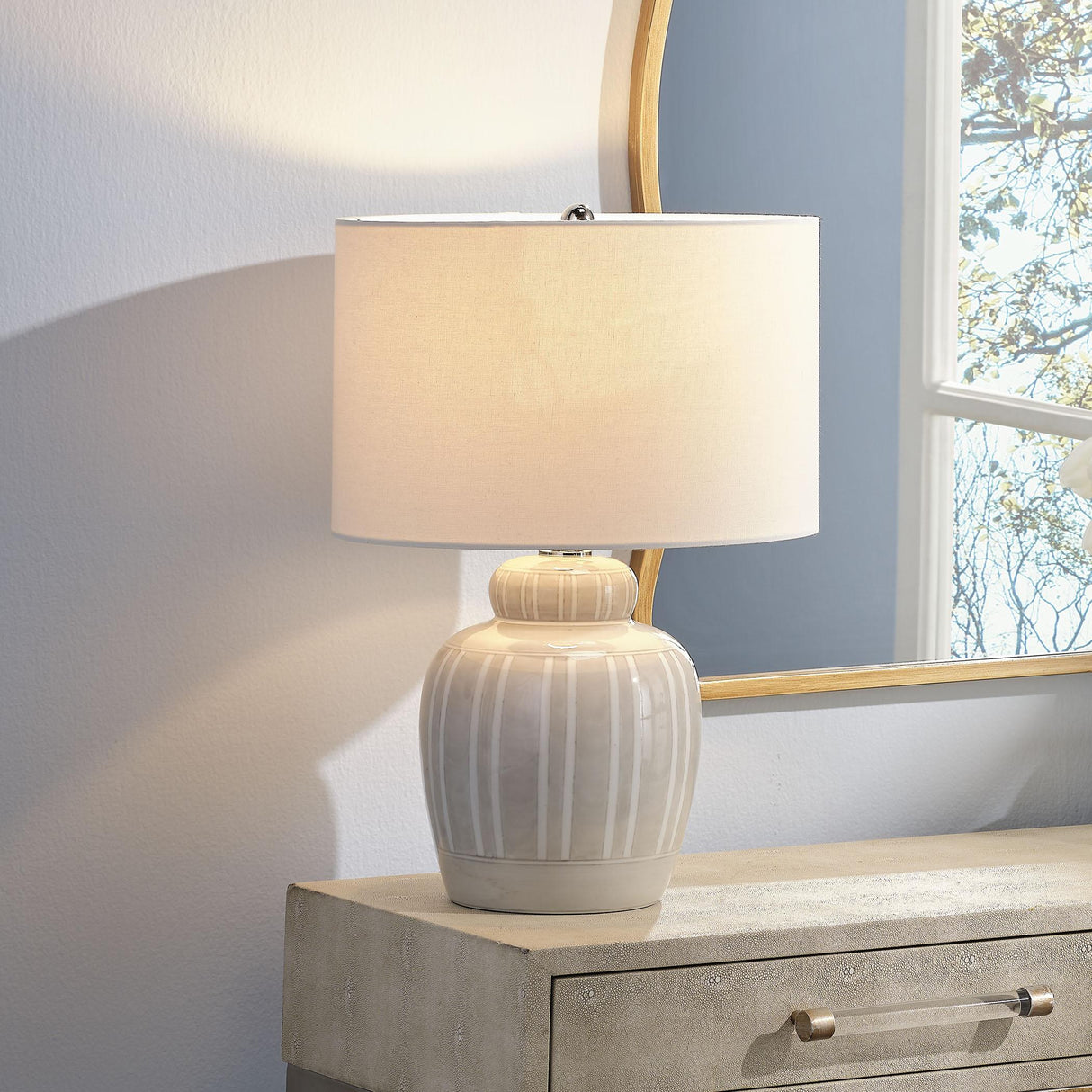 Jamie Young Arthur Ceramic Table Lamp with Linen Shade, Grey
