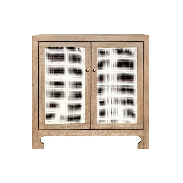 Worlds Away Two Door Cane Cabinet With Brass Hardware In Cerused Oak