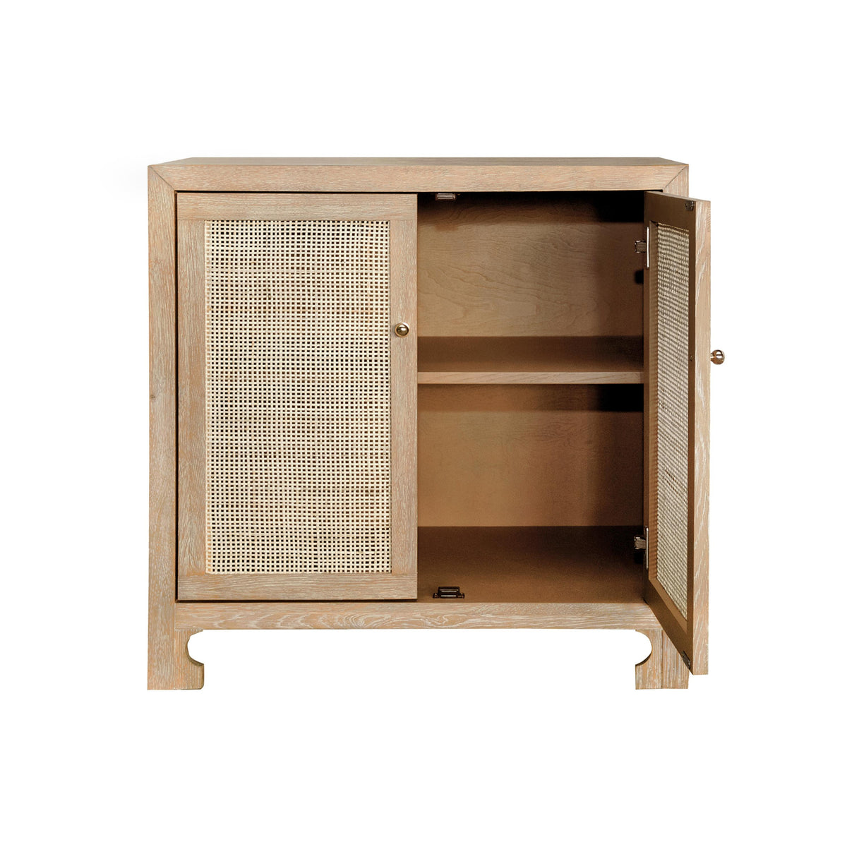 Worlds Away Two Door Cane Cabinet With Brass Hardware In Cerused Oak