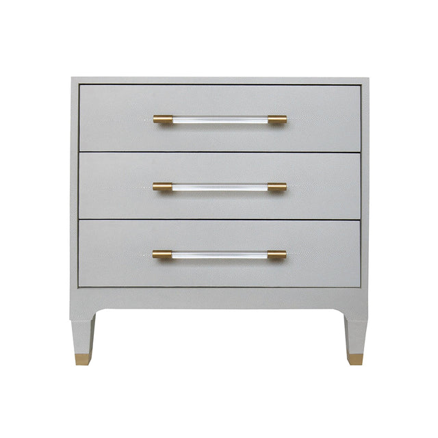 Worlds Away Three Drawer Side Table In Light Grey Shagreen With Antique Brass And Acrylic Hardware