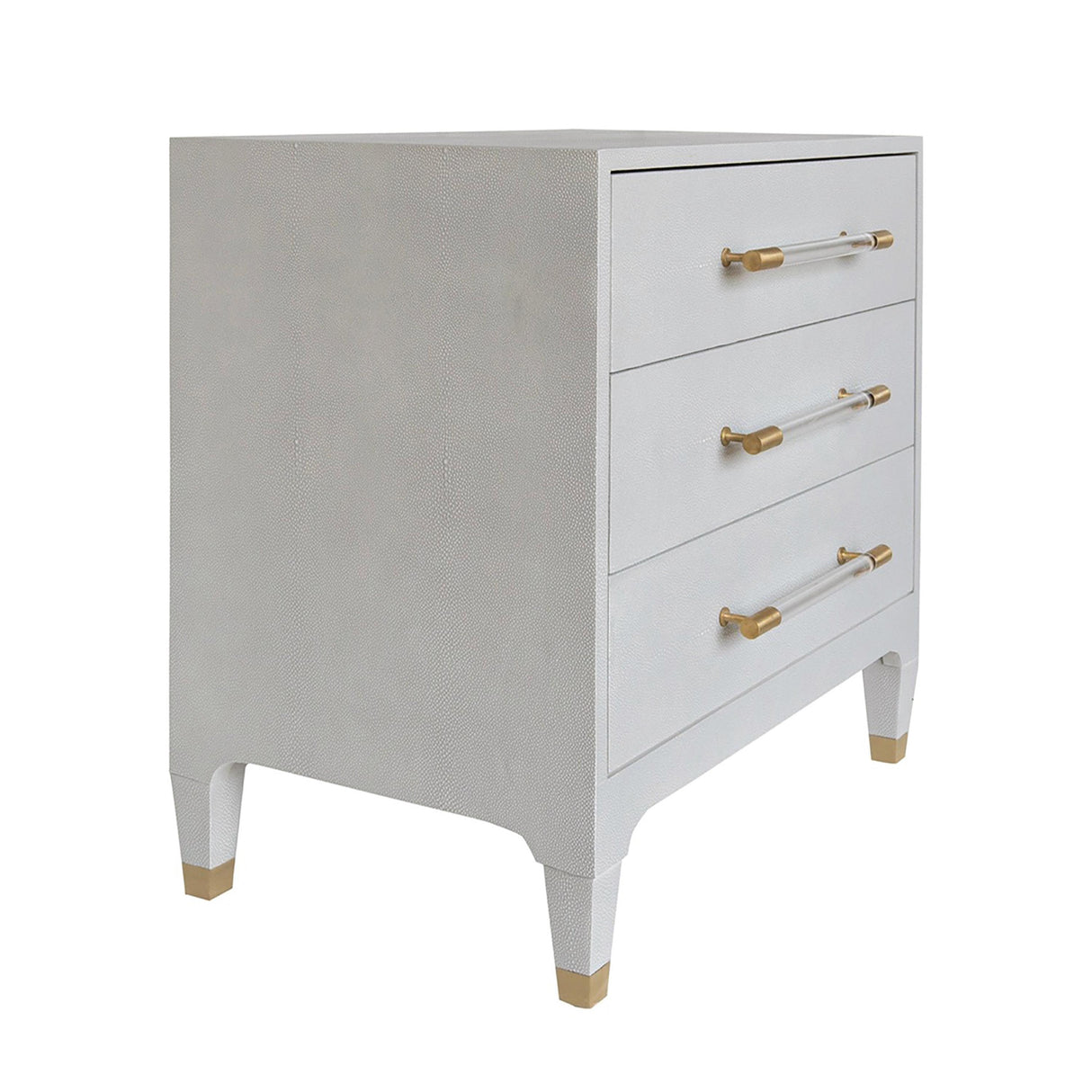Worlds Away Three Drawer Side Table In Light Grey Shagreen With Antique Brass And Acrylic Hardware