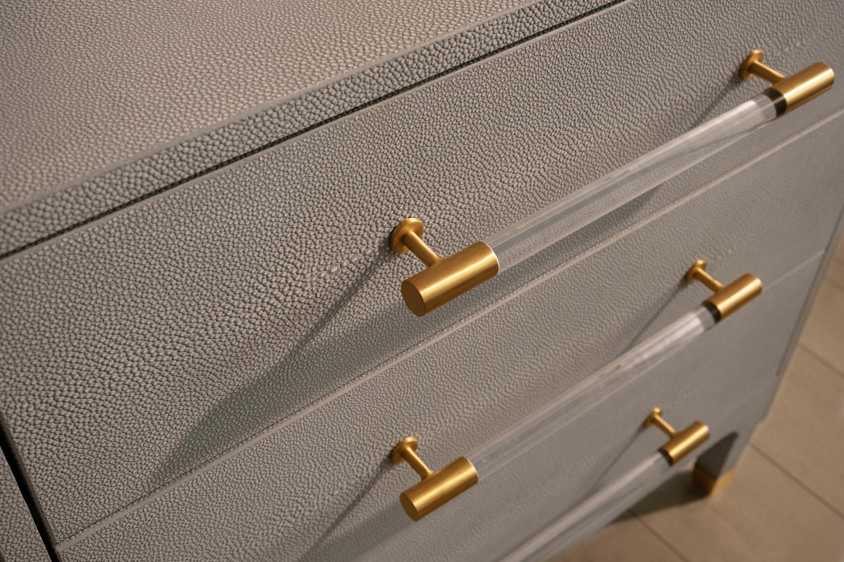 Worlds Away Three Drawer Side Table In Light Grey Shagreen With Antique Brass And Acrylic Hardware
