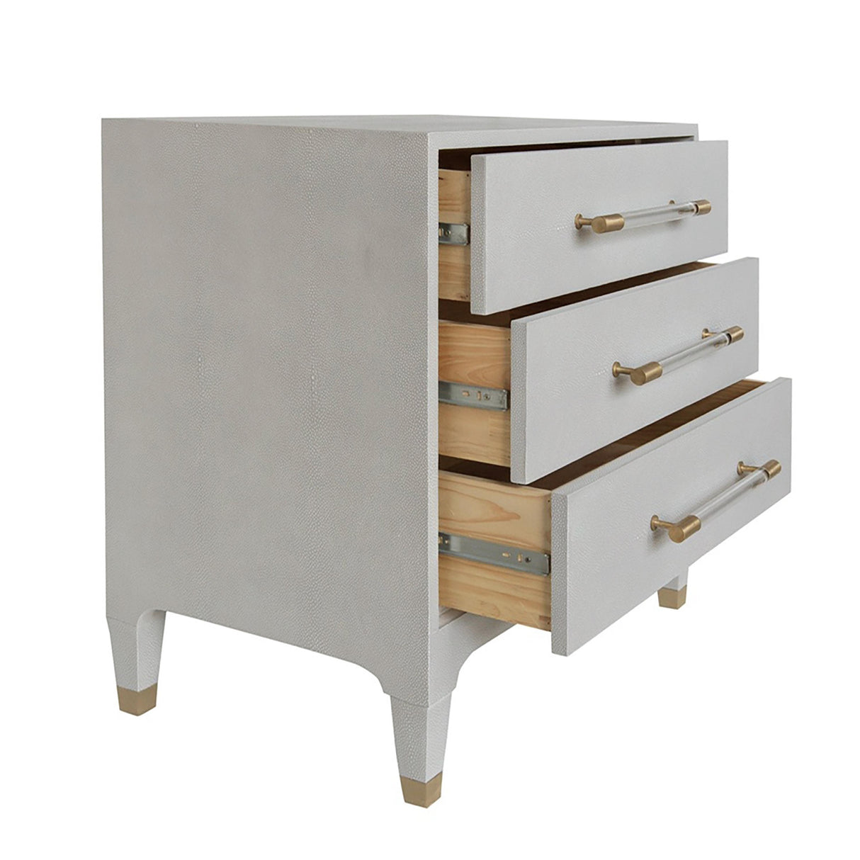 Worlds Away Three Drawer Side Table In Light Grey Shagreen With Antique Brass And Acrylic Hardware