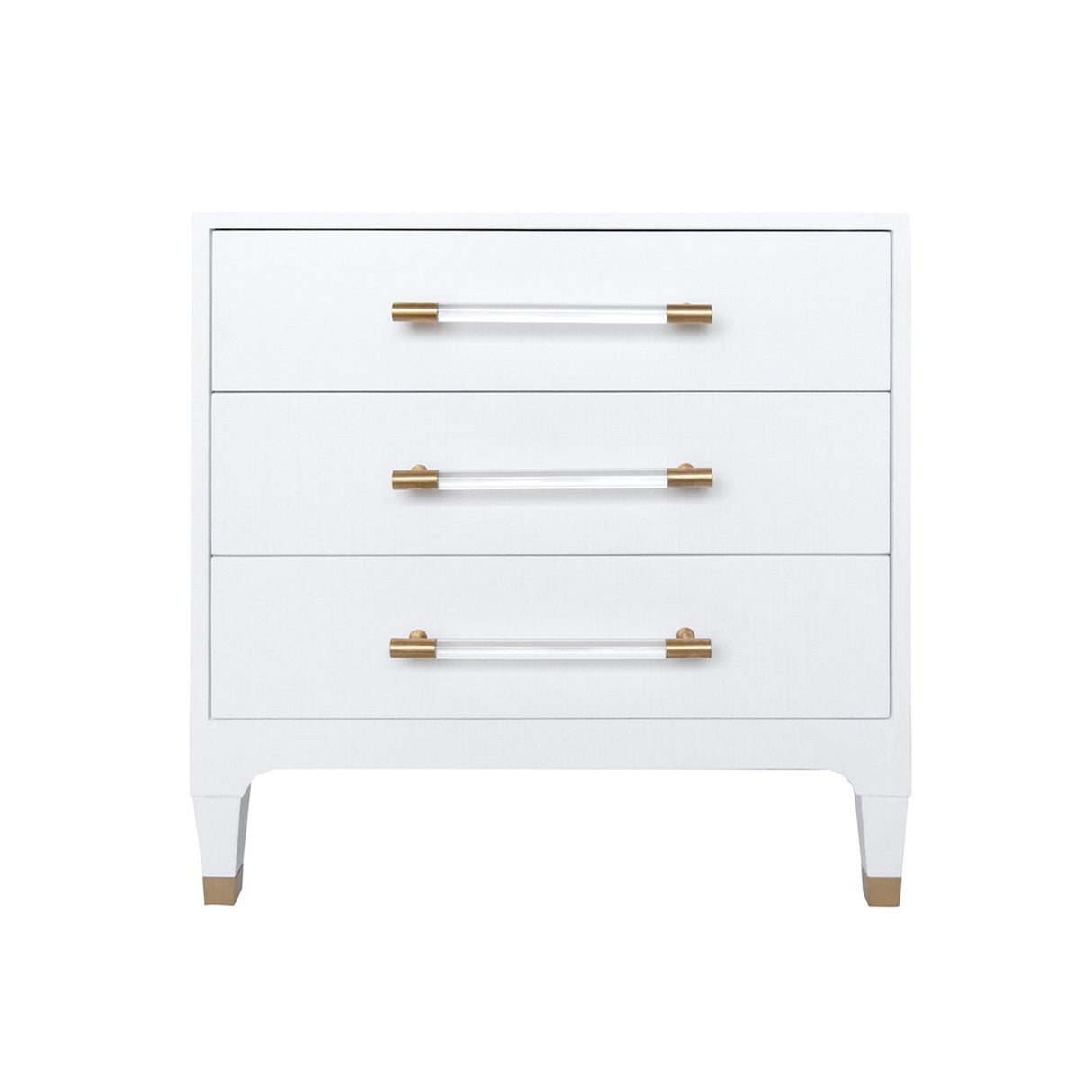 Worlds Away Three Drawer Side Table In Textured White Linen With Antique Brass And Acrylic Hardware