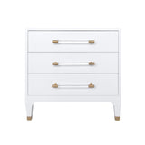 Worlds Away Three Drawer Side Table In Textured White Linen With Antique Brass And Acrylic Hardware