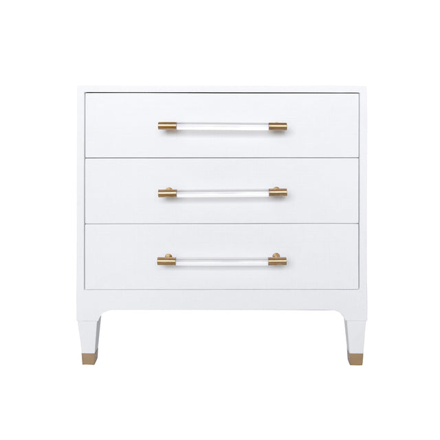 Worlds Away Three Drawer Side Table In Textured White Linen With Antique Brass And Acrylic Hardware