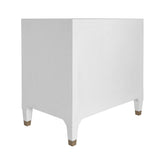 Worlds Away Three Drawer Side Table In Textured White Linen With Antique Brass And Acrylic Hardware
