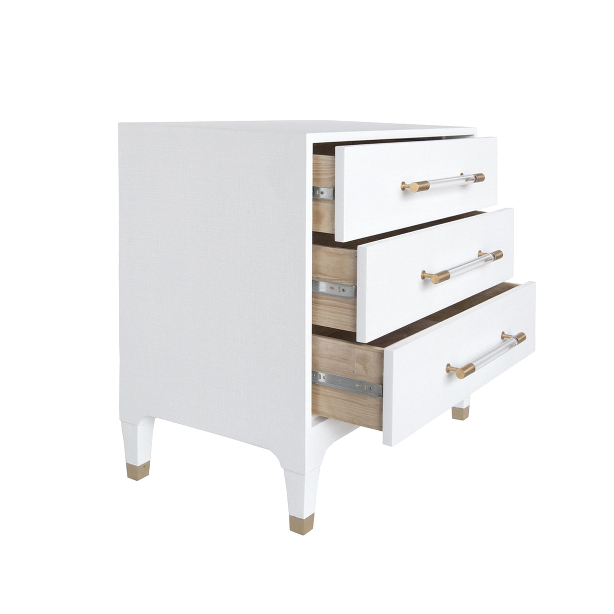 Worlds Away Three Drawer Side Table In Textured White Linen With Antique Brass And Acrylic Hardware