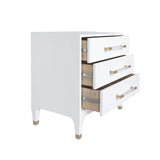 Worlds Away Three Drawer Side Table In Textured White Linen With Antique Brass And Acrylic Hardware