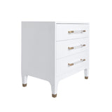 Worlds Away Three Drawer Side Table In Textured White Linen With Antique Brass And Acrylic Hardware