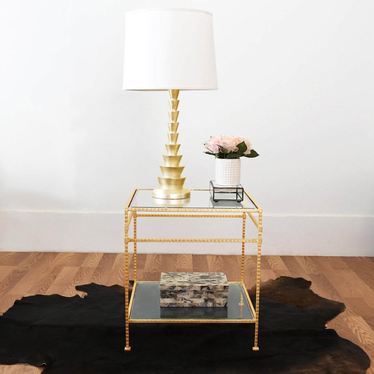 Worlds Away Two Tier Square Table With Glass Top In Hammered Gold Leaf