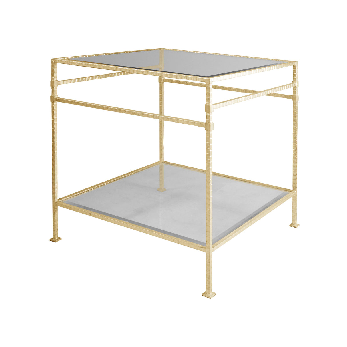 Worlds Away Two Tier Square Table With Glass Top In Hammered Gold Leaf