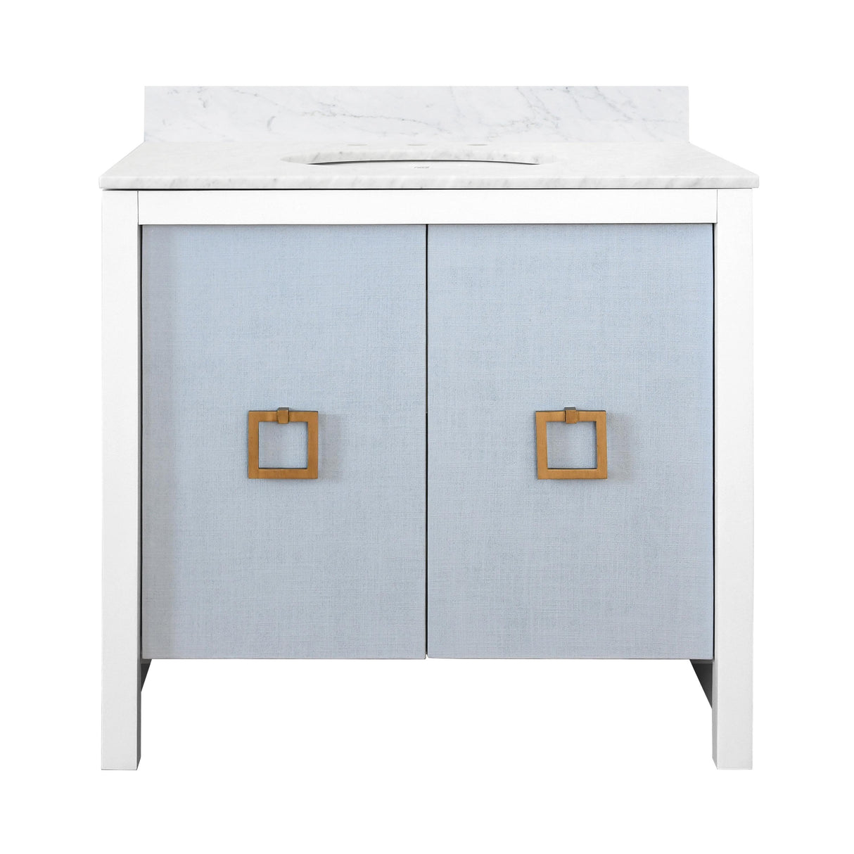 Worlds Away Bath Vanity With Textured Light Blue Linen Doors, Matte White Lacquer Surround, Ant Brass Hardware, White Marble Top, And Porcelain Sink