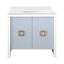 Worlds Away Bath Vanity With Textured Light Blue Linen Doors, Matte White Lacquer Surround, Ant Brass Hardware, White Marble Top, And Porcelain Sink