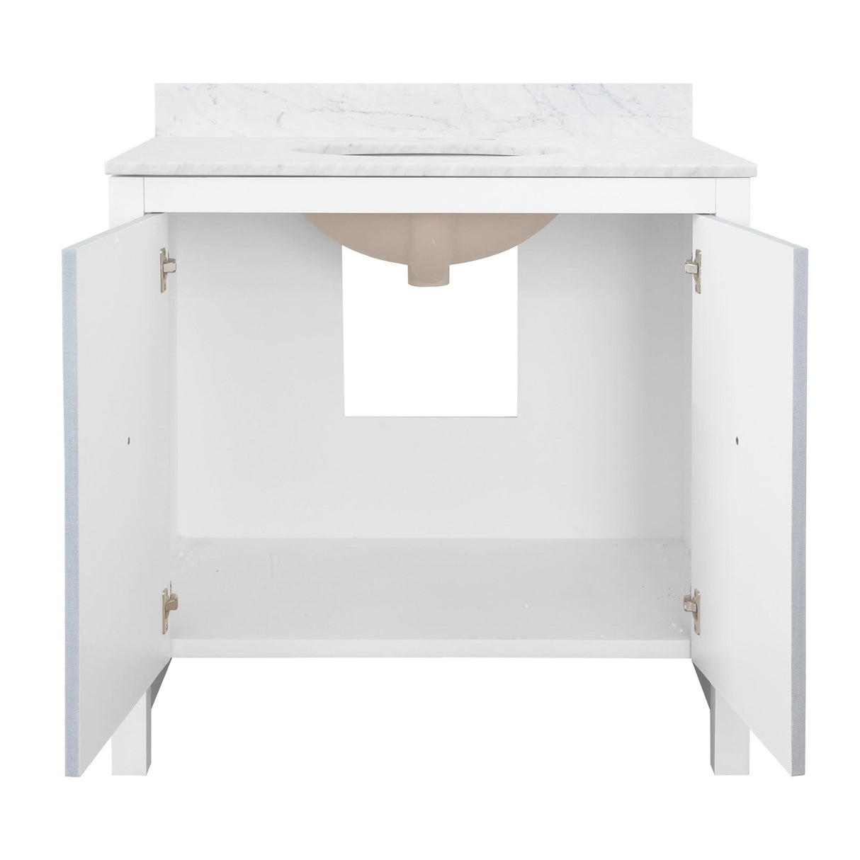 Worlds Away Bath Vanity With Textured Light Blue Linen Doors, Matte White Lacquer Surround, Ant Brass Hardware, White Marble Top, And Porcelain Sink