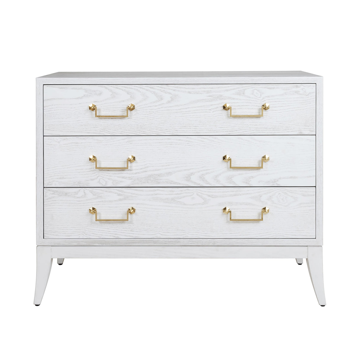 Worlds Away Sabre Leg 3 Drawer Chest With Brass Swing Handle In White Washed Oak