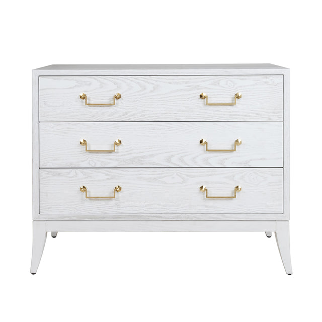 Worlds Away Sabre Leg 3 Drawer Chest With Brass Swing Handle In White Washed Oak