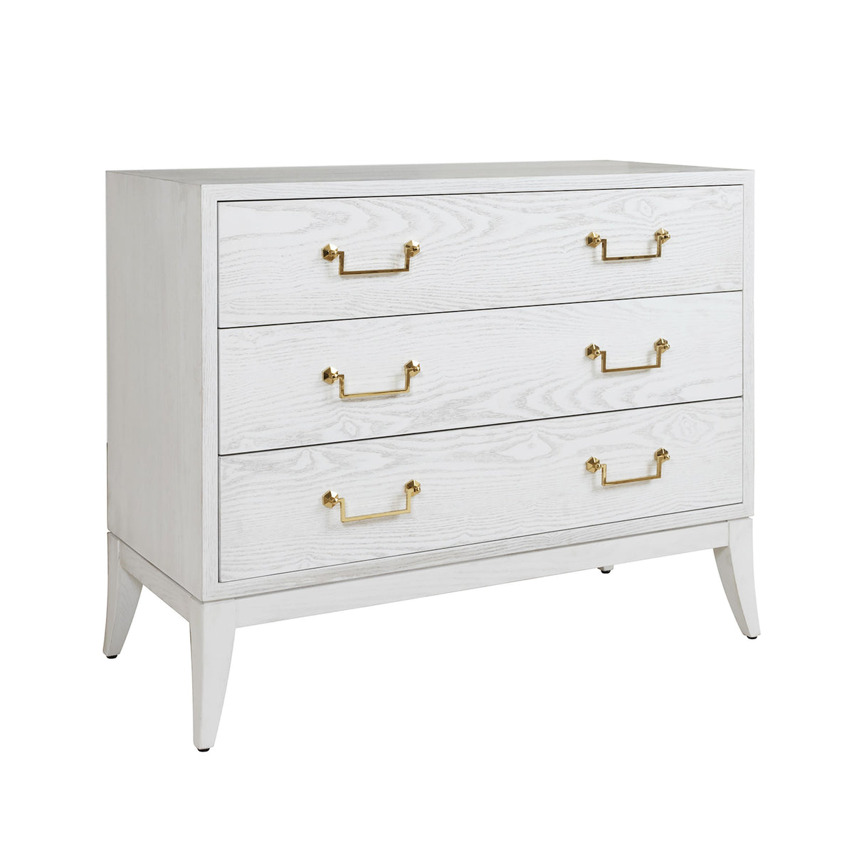Worlds Away Sabre Leg 3 Drawer Chest With Brass Swing Handle In White Washed Oak