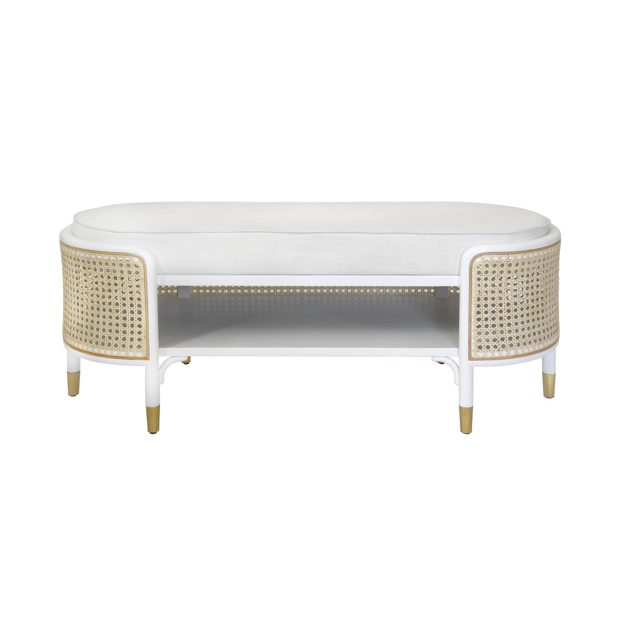Worlds Away Oval Bench In Matte White And Natural Cane With White Linen Cushion