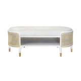 Worlds Away Oval Bench In Matte White And Natural Cane With White Linen Cushion