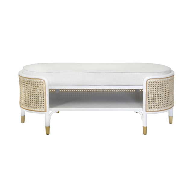 Worlds Away Oval Bench In Matte White And Natural Cane With White Linen Cushion