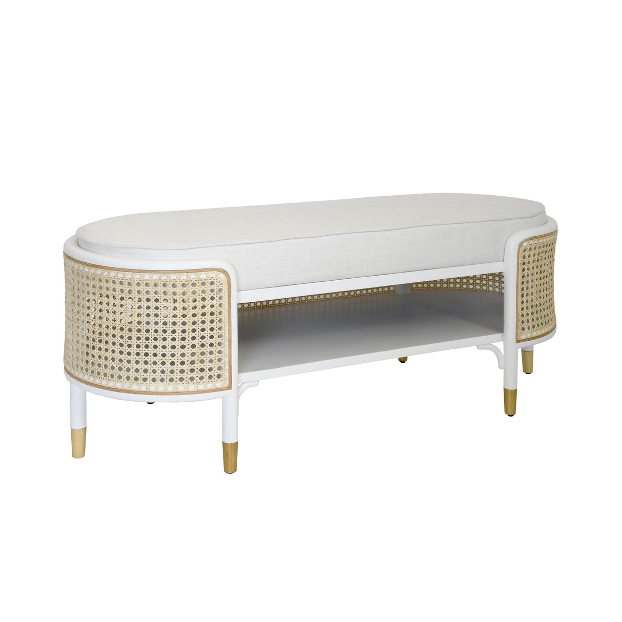 Worlds Away Oval Bench In Matte White And Natural Cane With White Linen Cushion