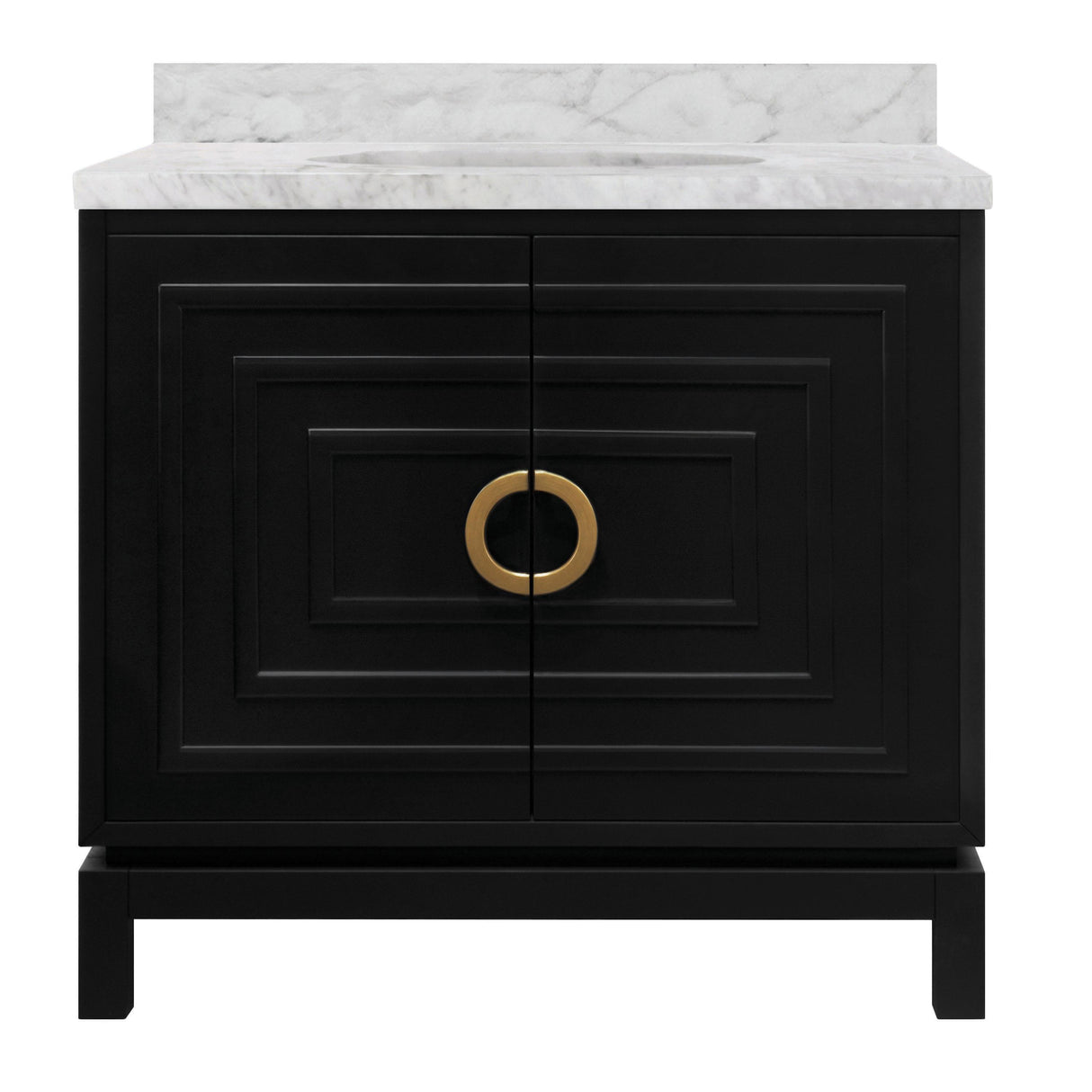 Worlds Away Bath Vanity In Matte Black Lacquer With Antique Brass Circle Hardware, White Marble Top, And Porcelain Sink