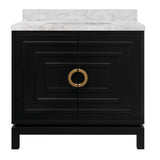 Worlds Away Bath Vanity In Matte Black Lacquer With Antique Brass Circle Hardware, White Marble Top, And Porcelain Sink