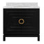 Worlds Away Bath Vanity In Matte Black Lacquer With Antique Brass Circle Hardware, White Marble Top, And Porcelain Sink
