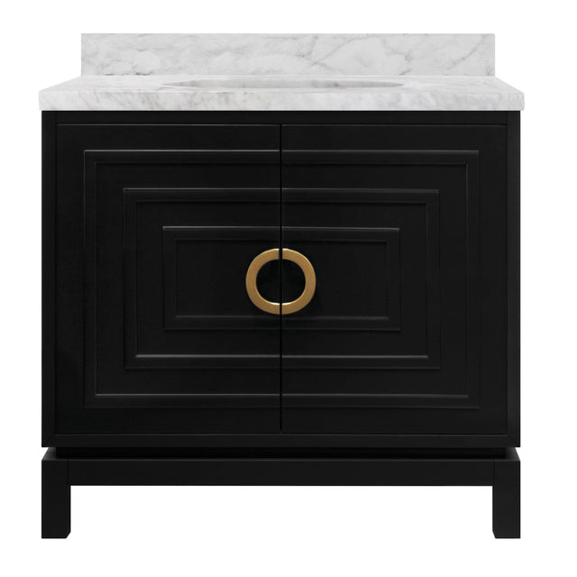 Worlds Away Bath Vanity In Matte Black Lacquer With Antique Brass Circle Hardware, White Marble Top, And Porcelain Sink