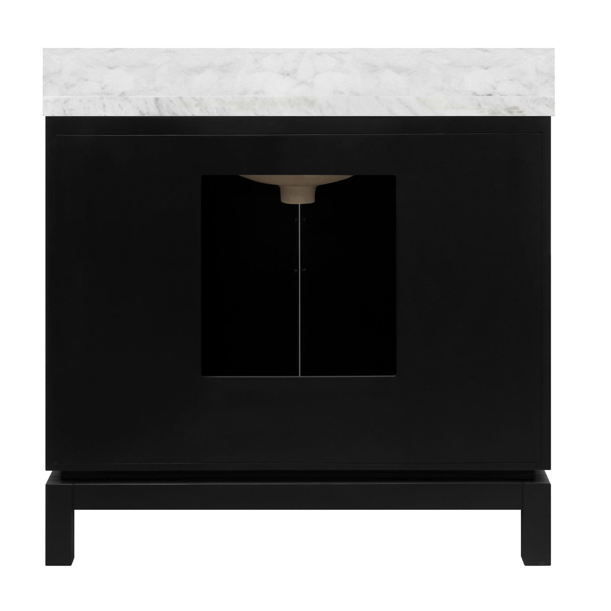 Worlds Away Bath Vanity In Matte Black Lacquer With Antique Brass Circle Hardware, White Marble Top, And Porcelain Sink
