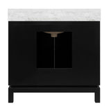 Worlds Away Bath Vanity In Matte Black Lacquer With Antique Brass Circle Hardware, White Marble Top, And Porcelain Sink