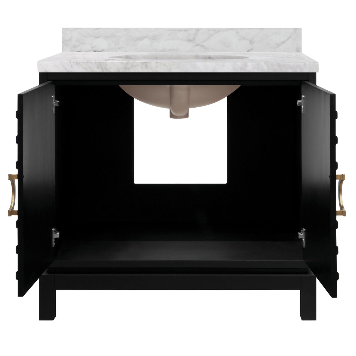 Worlds Away Bath Vanity In Matte Black Lacquer With Antique Brass Circle Hardware, White Marble Top, And Porcelain Sink