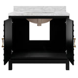 Worlds Away Bath Vanity In Matte Black Lacquer With Antique Brass Circle Hardware, White Marble Top, And Porcelain Sink