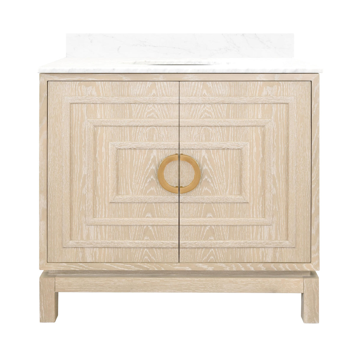 Worlds Away Bath Vanity In Cerused Oak With Antique Brass Circle Hardware, White Marble Top, And Porcelain Sink