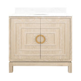 Worlds Away Bath Vanity In Cerused Oak With Antique Brass Circle Hardware, White Marble Top, And Porcelain Sink