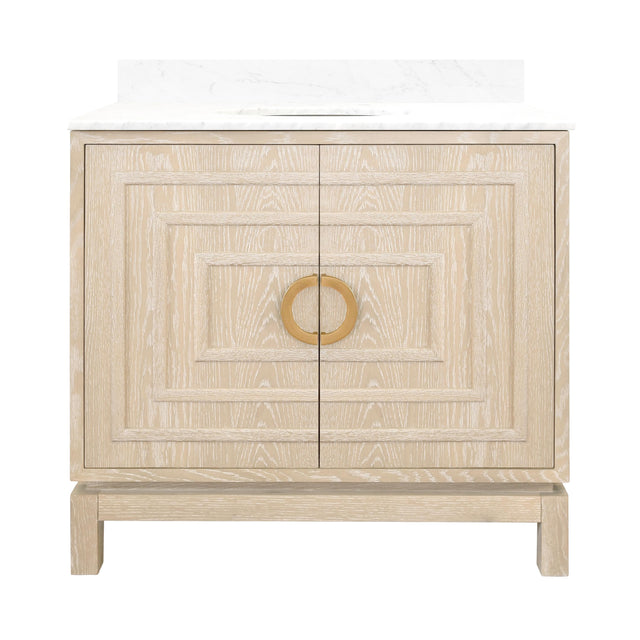 Worlds Away Bath Vanity In Cerused Oak With Antique Brass Circle Hardware, White Marble Top, And Porcelain Sink